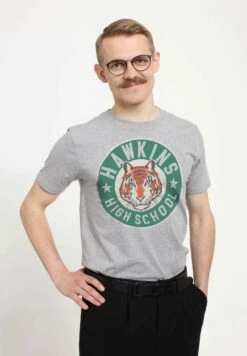 Henry Tiger Stranger Things Hawkins High Tiger Emblem Unisex - T-Shirt Print - Melange Grey -Henry Tiger 66404e34daf043fda5662976e9a59628