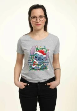 Henry Tiger Lilo Stitch Stitch Xmas Lights - T-Shirt Print - Heather Grey