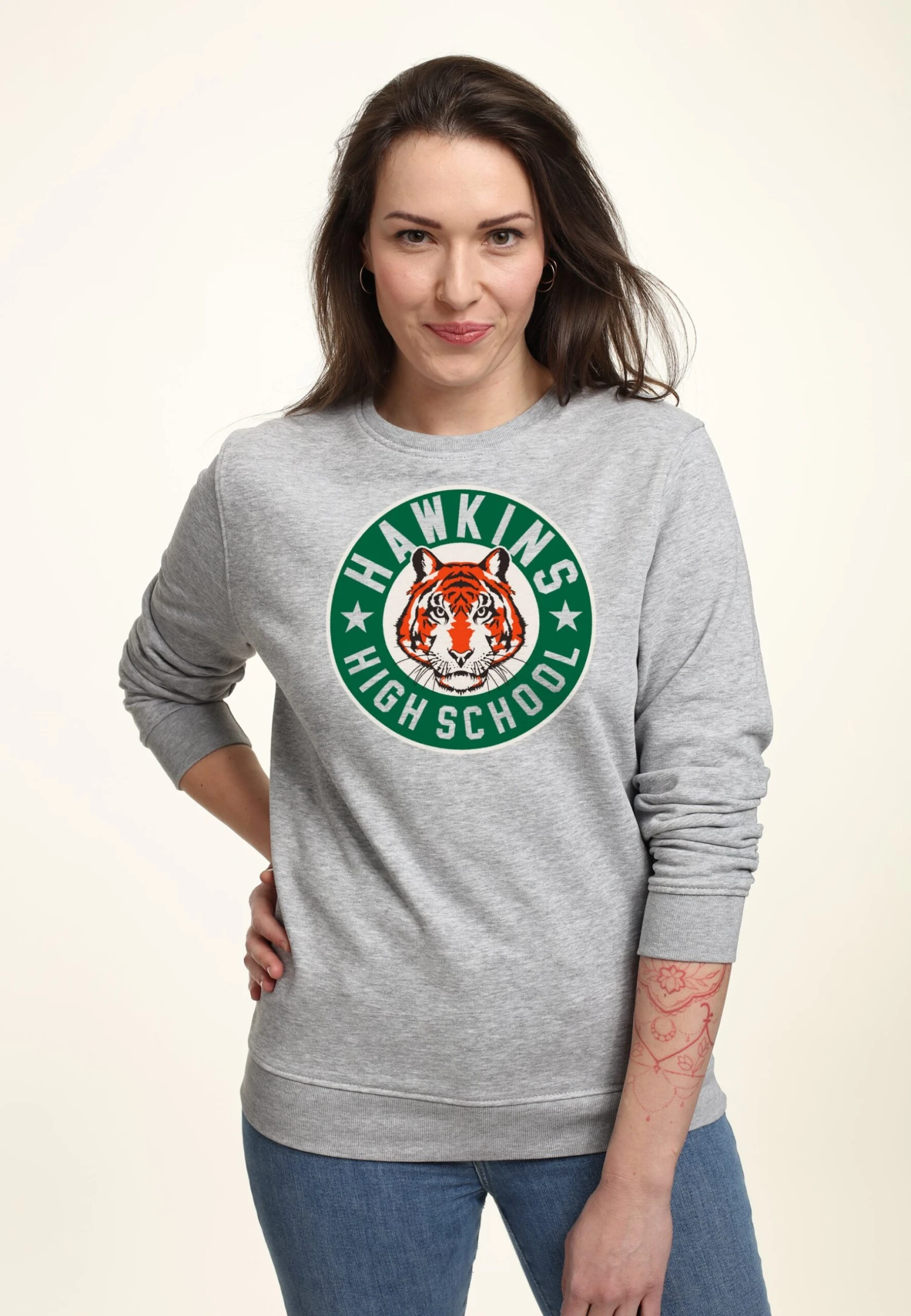 Henry Tiger Stranger Things Hawkins High Tiger Emblem - Sweater - Heather Grey 1 Henry Tiger Stranger Things Hawkins High Tiger Emblem - Sweater - Heather Grey